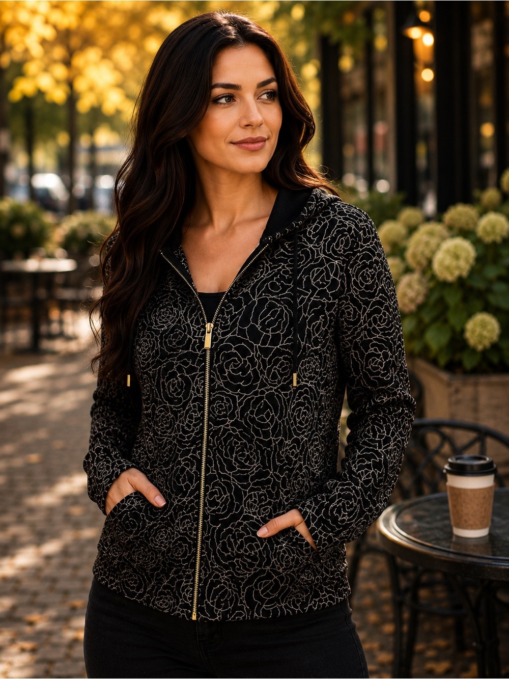 Liz Claiborne Black Rose Print Zip Hoodie Jacket Medium
